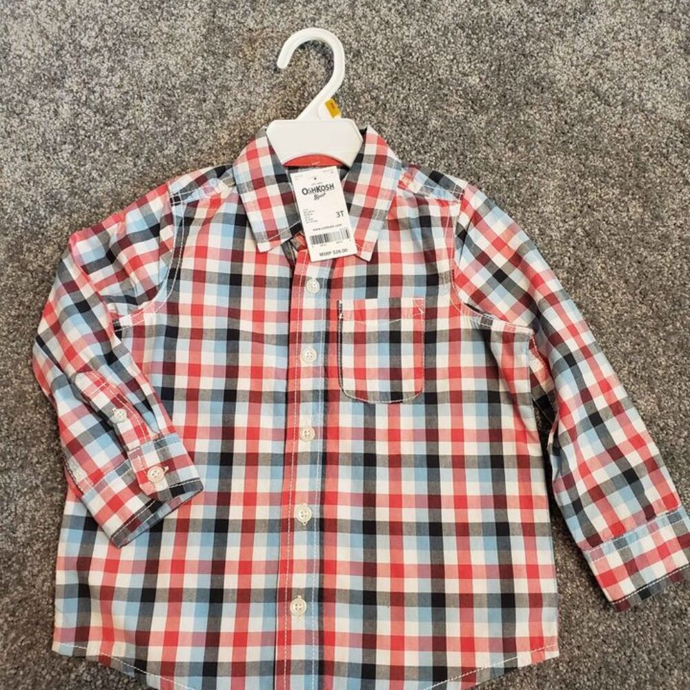 NEW ~ OshKosh Toddler Plaid Button Front Shirt Boys 3T Cotton Pocket NWT / B49